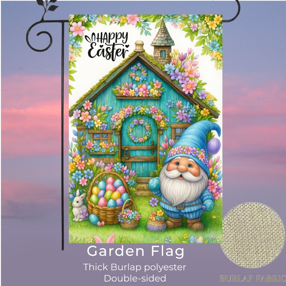 Garden flag, 12” x 18”, happy Easter gnome, thick burlap polyester double-sided